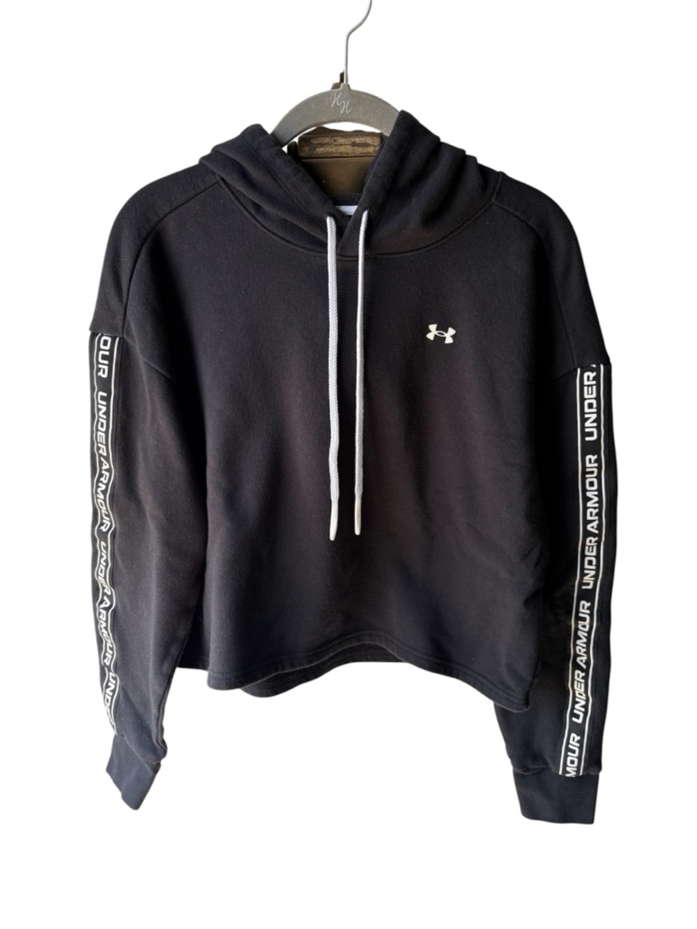 Women’s Under Armour Black Hooded Cropped Pullover with White Logo & Sleeve Tape